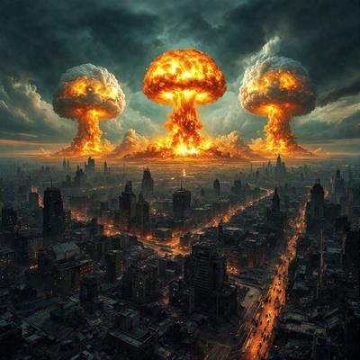 The primary subject of the image is a cityscape with a skyline featuring three large mushroom-shaped clouds. The setting is a city with tall buildings, and the visual style is a digital art or illustration. The dominant colors are orange and red, creating a dramatic and intense atmosphere.